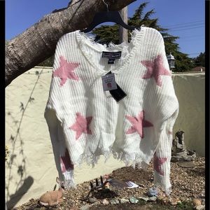 Polly and Esther sweater, white with pink stars, size S